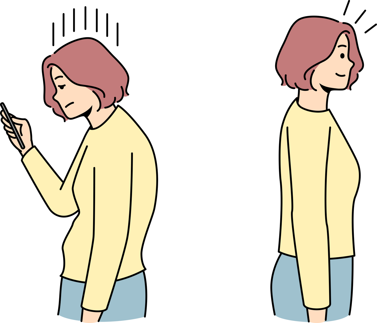 Woman bad and good back posture